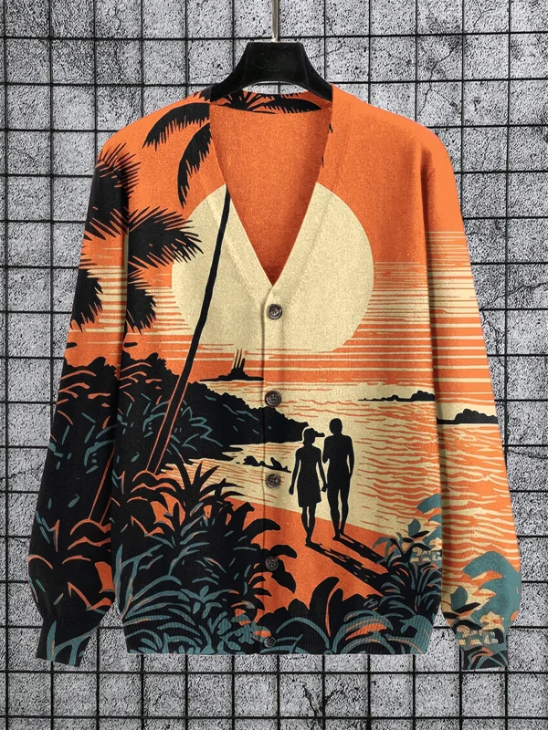Men's Sunset Beach Walk Print Button Down Knit Cardigan