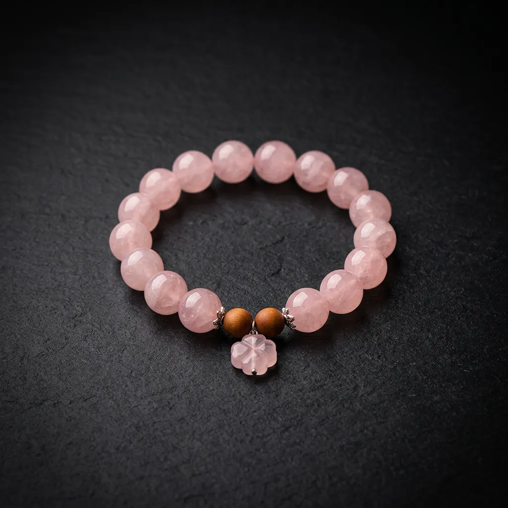 JiStones Rose Quartz & Four-Leaf Clover Serenity Bracelet &ndash; Handcrafted Natural Gemstone Jewelry for Love and Luck Blush Rose Quartz & Clover