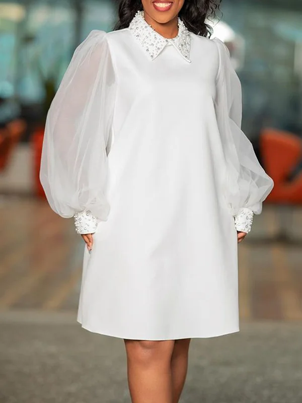 Beaded Mesh A-Line Long Sleeves Lapel Midi Dresses