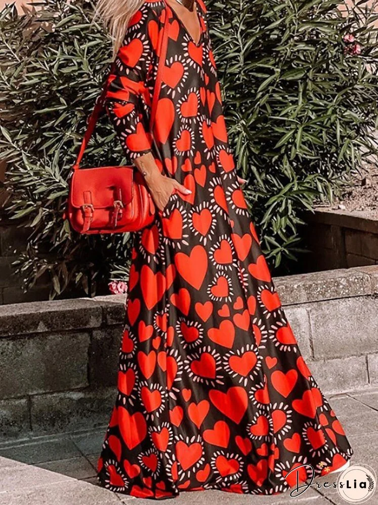 Women Pocket Heart Print Loose Pullover Dress Sexy V Neck Long Beach Dress Spring Summer Long Sleeve Maxi Party Dresses Vestidos