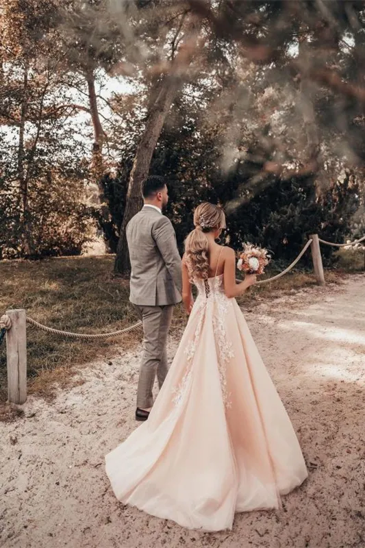 Beading A Line Ruffles Spaghetti Straps Tulle Wedding Dress