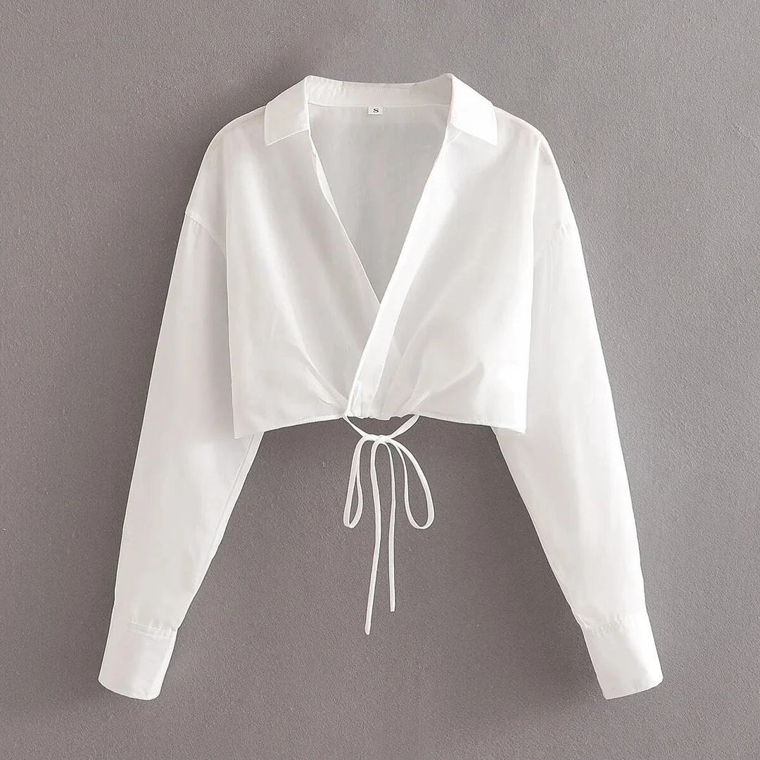 Za Women's Blouses and Cropped Tops Mujer Blusas Solid Shirts Long Sleeves Female White Bandage Clothes Sexy V neck Chic Spring