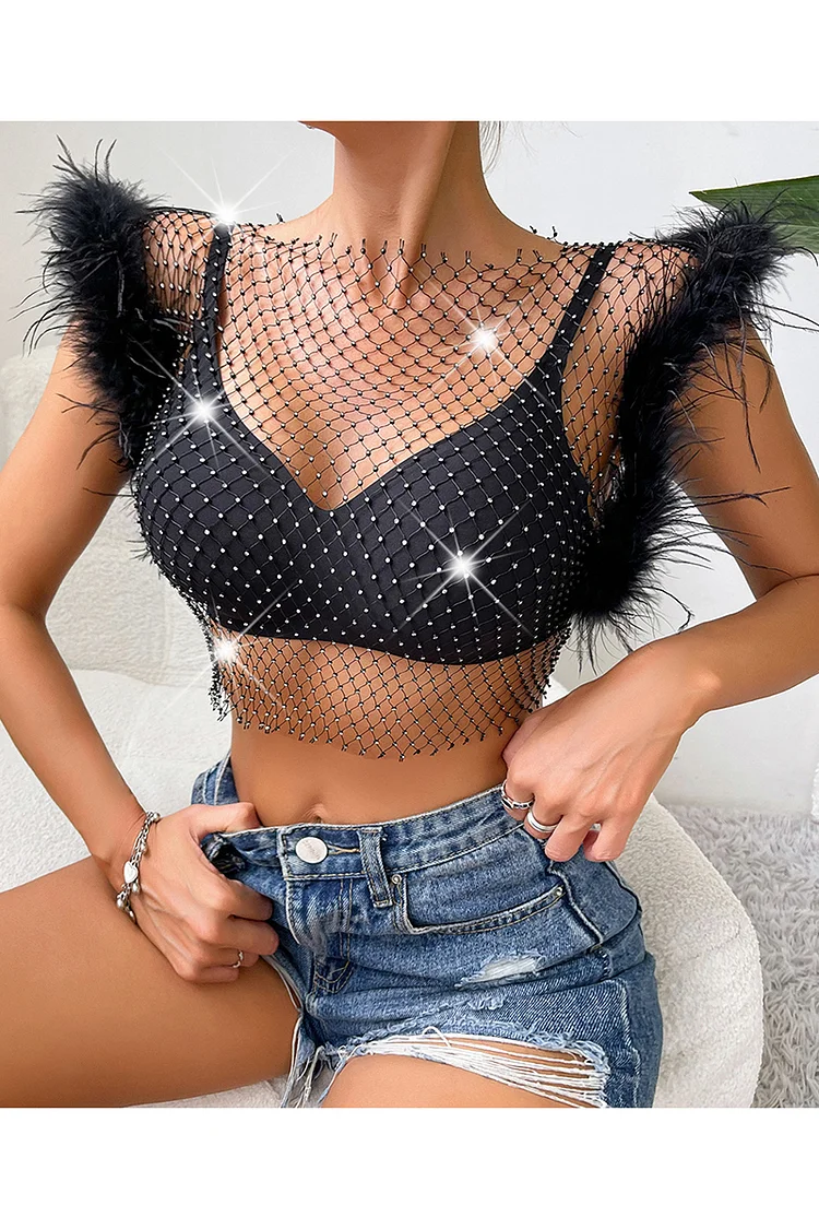 Rhinestone Fishnet Hollow Out Faux Fur Patchwork Crop Tank Top