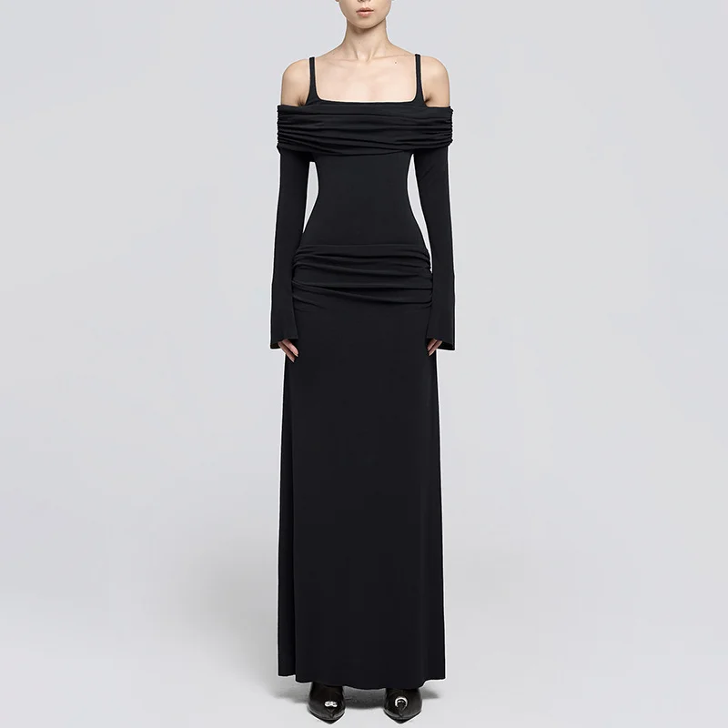 Zingj Temperament Dress Women 2025 Spring New Fashion Simple Style Solid Color Square Body Of High-End Feeling Long-Sleeved Skirt