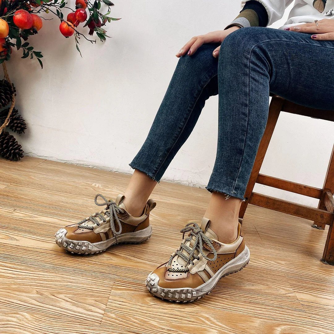 Lourdasprec Ladies Casual Shoes Genuine Leather 2022 Women Handmade Comfortable Vintage Platform Lace Up Sneakers Retro