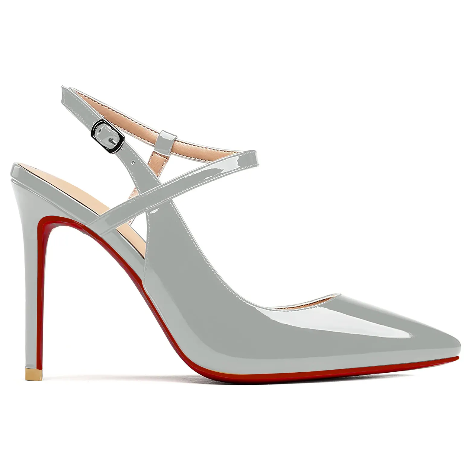 100mm Women Slingback Patent Pumps Ankle Strap Jenlove Stiletto Mid Heel Close Pointed Toe Dress Red Bottoms Shoes