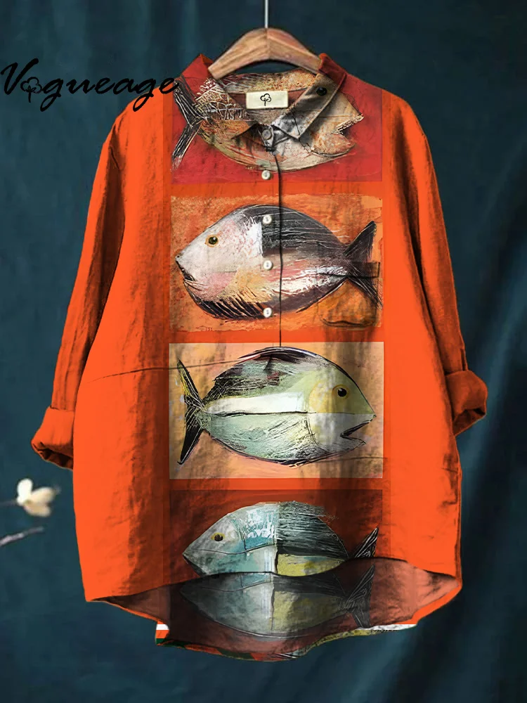 Simple And Stylish Marine Animal Fish Printed Cotton And Linen Shirt