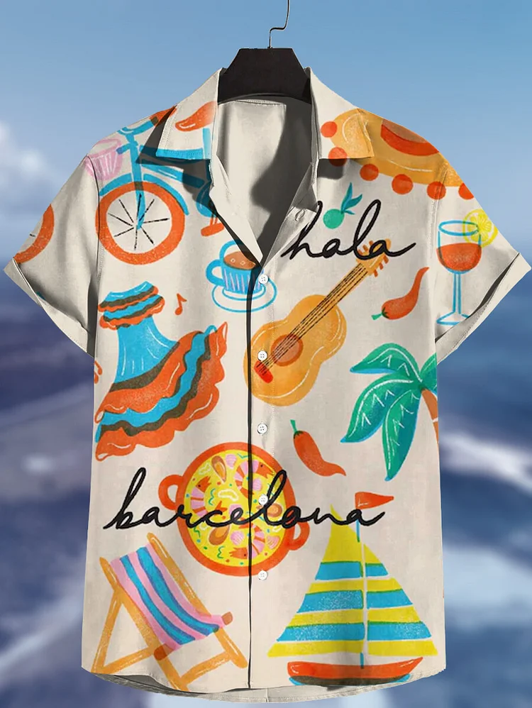 Men's Mexican Holiday Guitar Pizza Tropical Art Print Casual Shirt