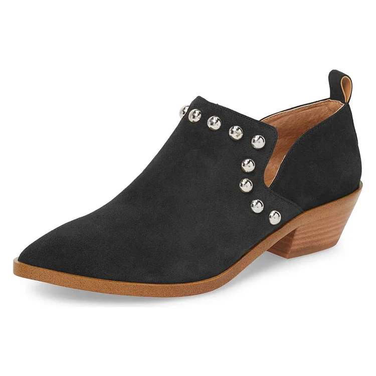 Black Vegan Suede Block Heel Boots Studs Shoes Pointy Toe Ankle Boots |FSJ Shoes