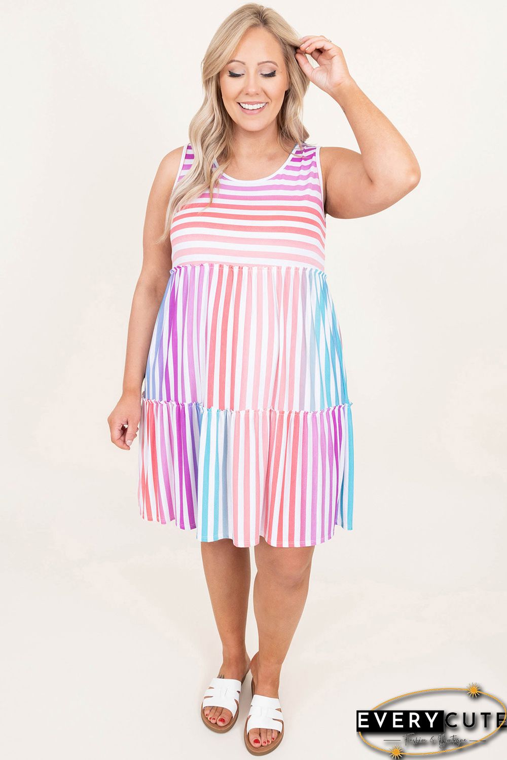 Multicolor Ombre Striped Sleeveless Tiered Plus Size Dress