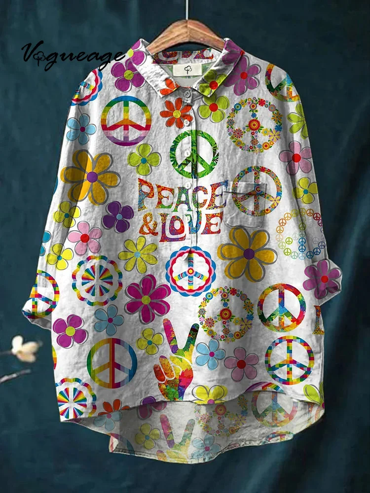 Colorful Art Design Peace And Love Print Cotton And Linen Shirt