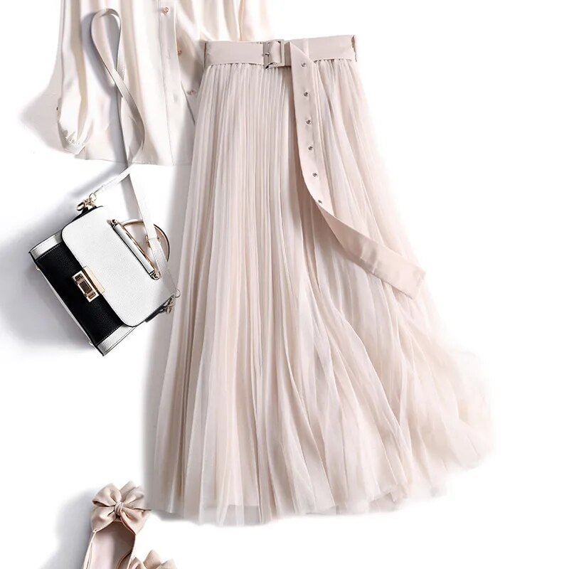 Mesh pleated skirt female spring and autumn new fashion with belt pure color draped high waist large hem mid-length A-line skirt
