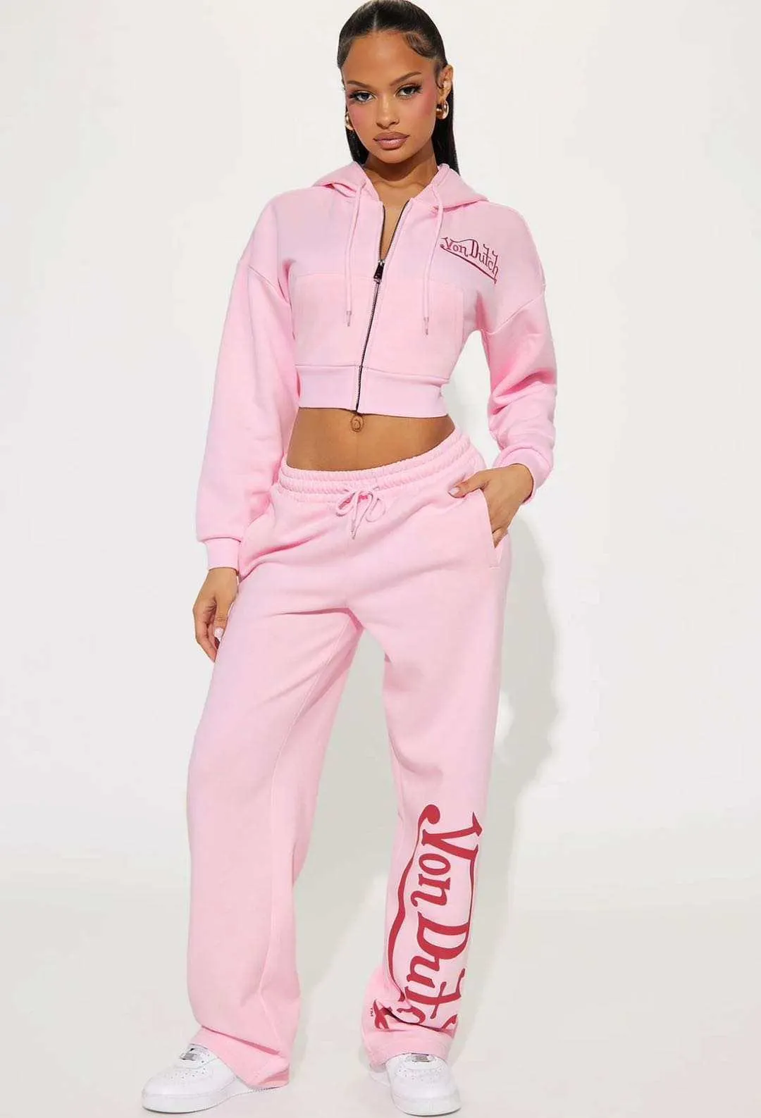 Women's Print Cropped Zip Hoodie & Wide Leg Sweatpants Two-piece Tracksuit