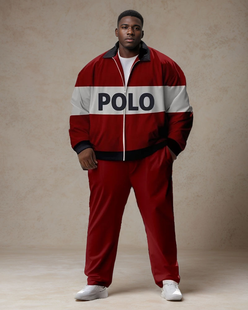 Plus Size Men's Casual Red Stitching POLO Print Zipper Lapel Long Sleeve Trousers Suit