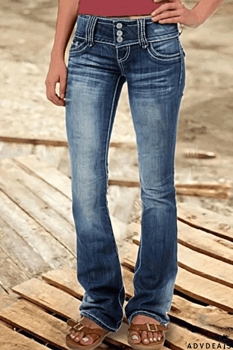Street Patchwork Ripped High Waist Boot Cut Denim Jeans