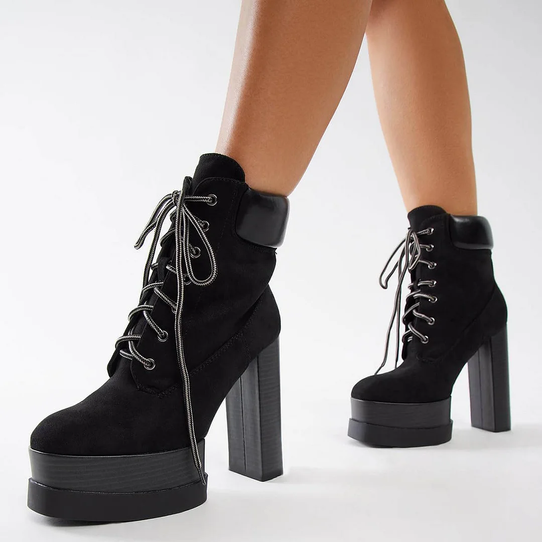 Black Vegan Suede Round Toe Platform Lace-Up Booties for Women