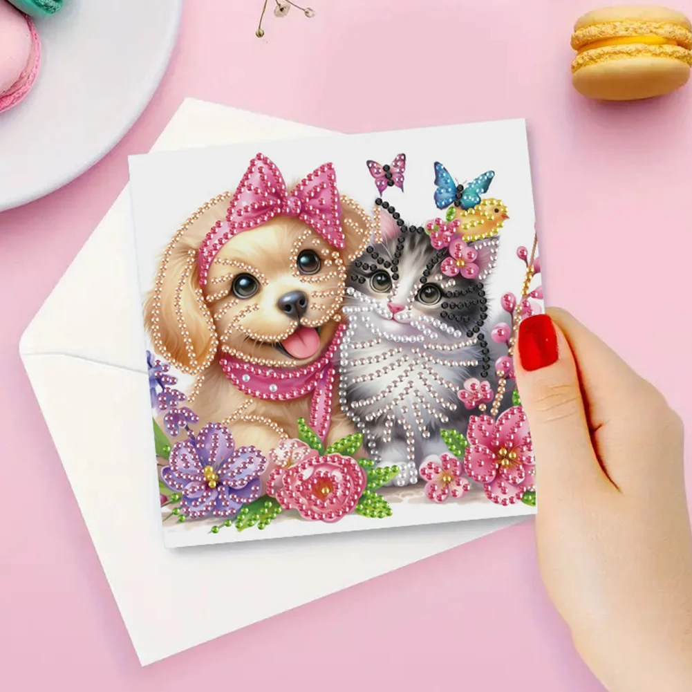 6Pcs 5D DIY Cat Dog Diamond Painting Greeting Card Craft for Friend Family Lover