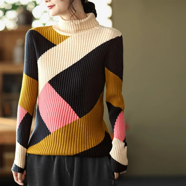 Winter Vintage Color Matching Slim Turtleneck Knitted Sweater