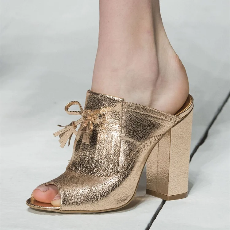 Gold Fringe Peep Toe Chunky Heels Mules with Tassles |FSJ Shoes