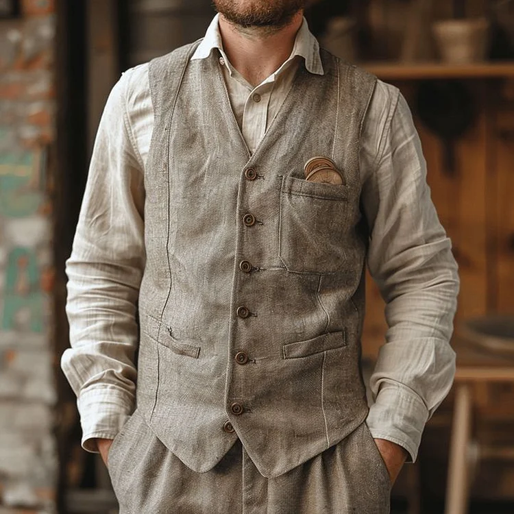 Men's Cotton And Linen Single-Breasted Sleeveless Vest