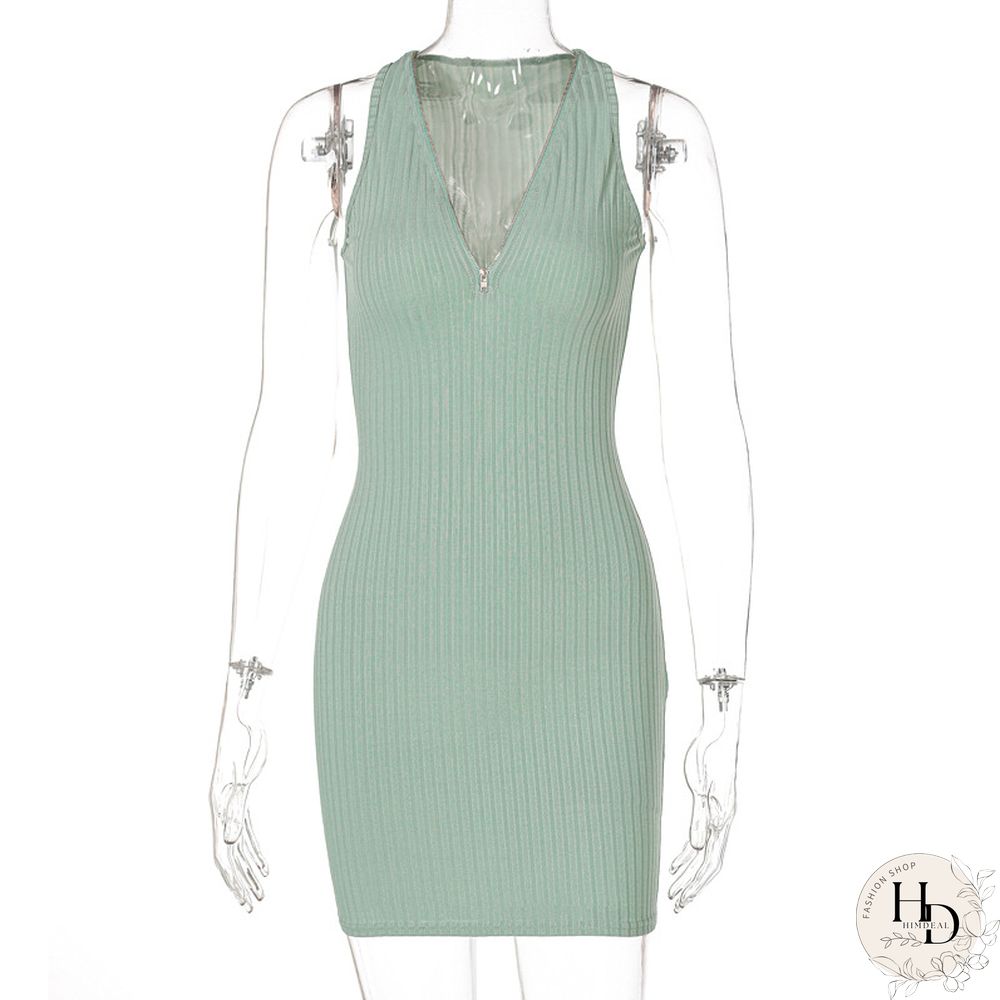 New Spring Fashion Street Shooting Sexy V-neck Zipper Sleeveless Dress Womens Foreign