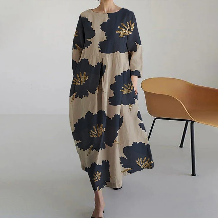 Japanese Art Flower Print Long Sleeve Casual Midi Dress