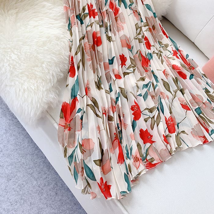  Fashion Women Floral Pleated Boho Midi Skirt High Waist Ladies Casual Summer Party Cocktail Wrap Skirt Sundress