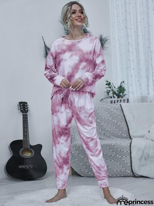 Tie-dye Round Neck Top and Drawstring Pants Lounge Set
