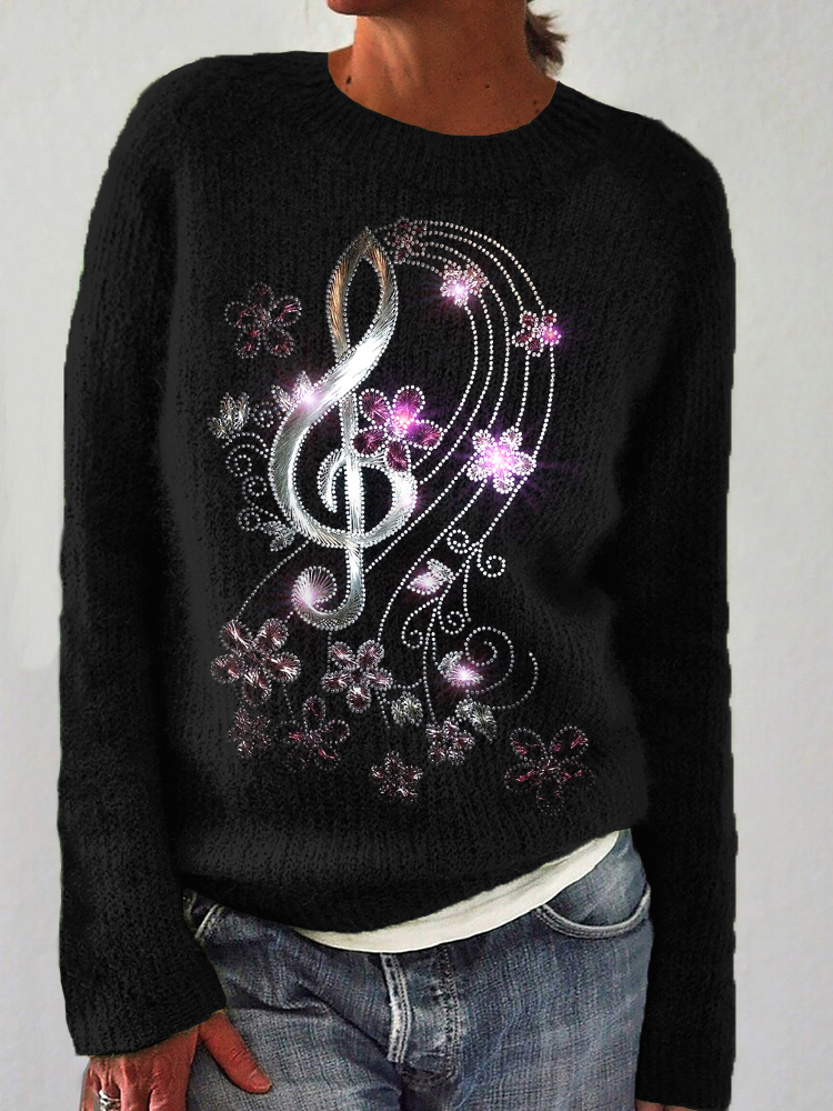 Musical notes and flower embroidery Sweater wearshes