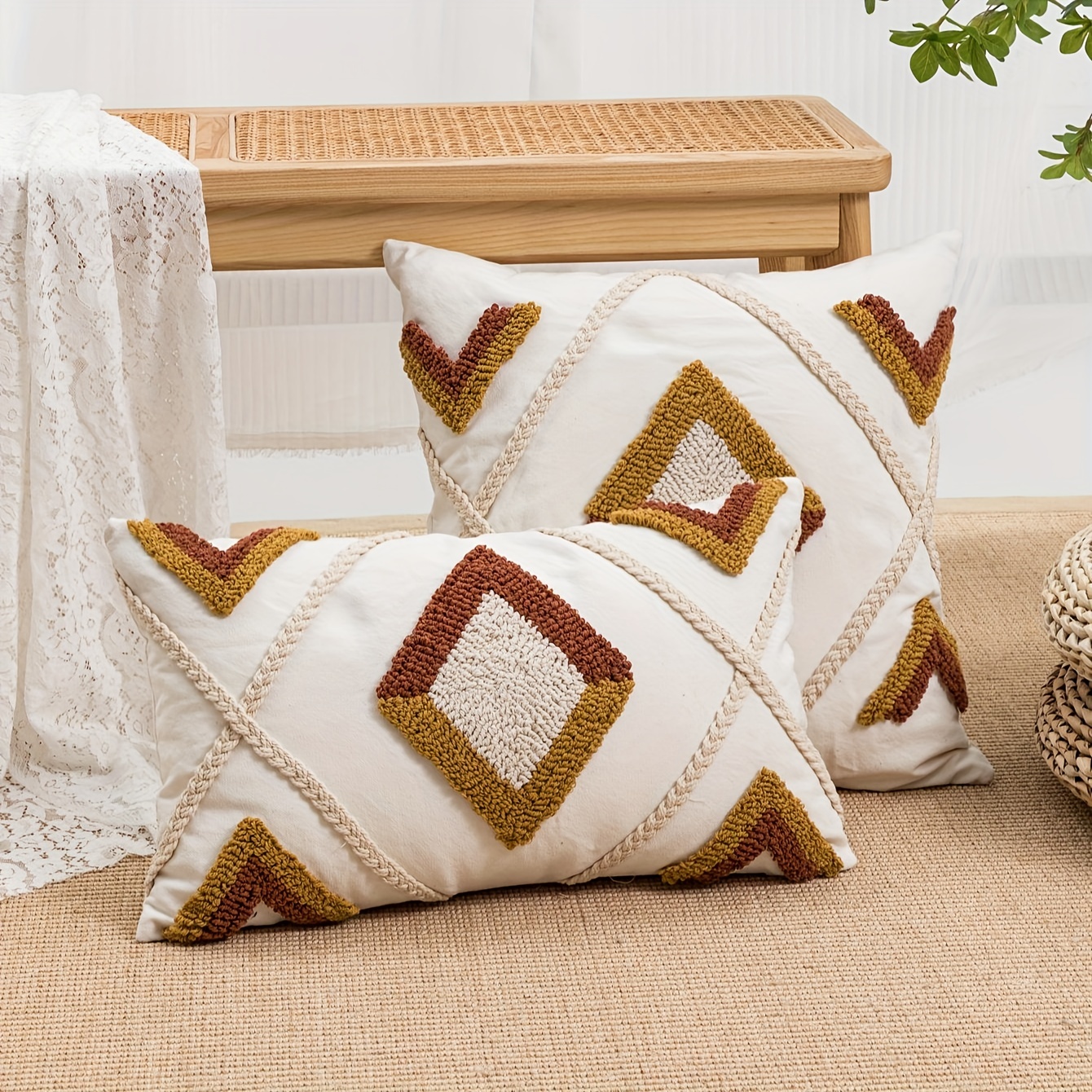 1pc Bohemian Chic Geometric Stripe Pillow Cover - Luxurious Loop Velvet Embroidery, Stylish Home Decor for Bedroom, Living Room, Sofa & Car - Handcrafted, Multi-Functional Accent Pillowcase