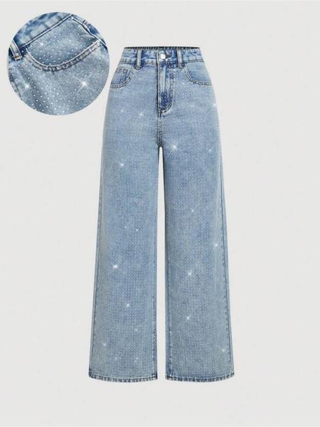 Women's Elegant High-Waisted Wide-Leg Jeans, Fitted Woven Fabric, Rhinestone Embellished, All-Season Fashion Pants Women's Elegant High-Waisted Wide-Leg Jeans, Fitted Woven Fabric, Rhinestone Embellished, All-Season Fashion Pants