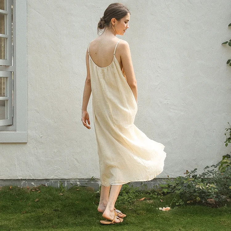 Shuantuo 100% Ramie Elegant Women's Summer Dress Sexy Sleeveless Adjustable Strap Long Birthday Party Dresses Holiday Beach Sundress Robe