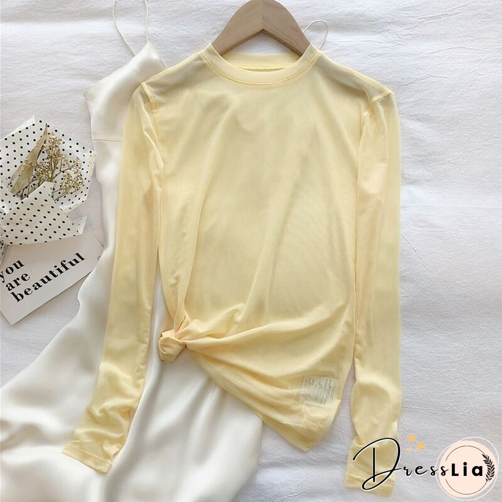 Oumea Women Beach Cover-Up Sheer Mesh Top Beach Wear Hawaiian Mesh Shirt Long Sleeve Casual Candy Color Solid Sweet Mesh Top