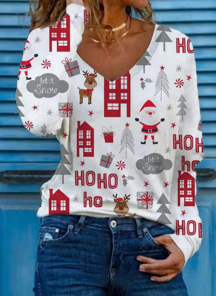 Women's Christmas Elk Santa Claus Printed Long Sleeve V-Neck Sweatshirt