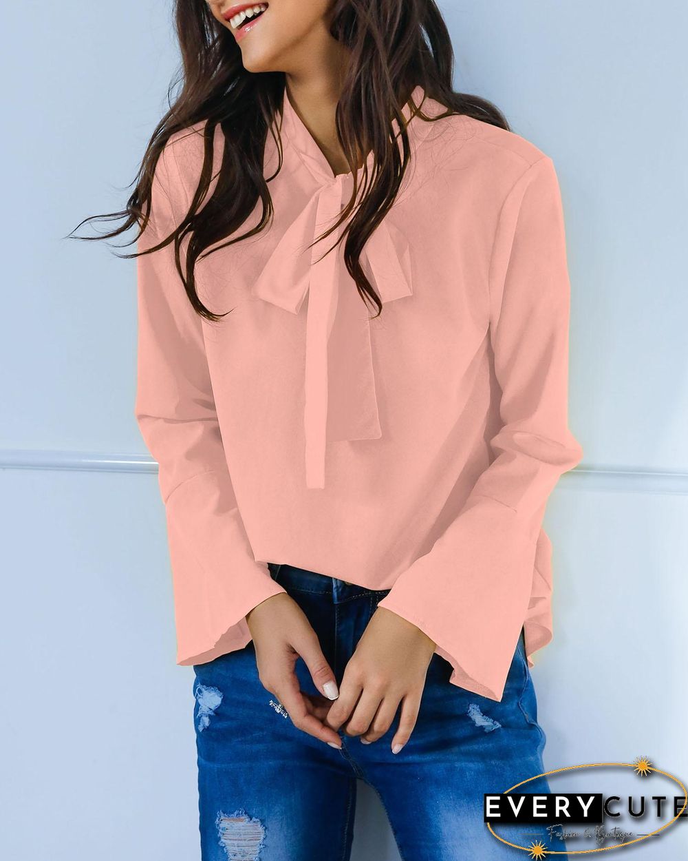 Stylish Solid Tie Neck Flared Sleeve Blouse P15682