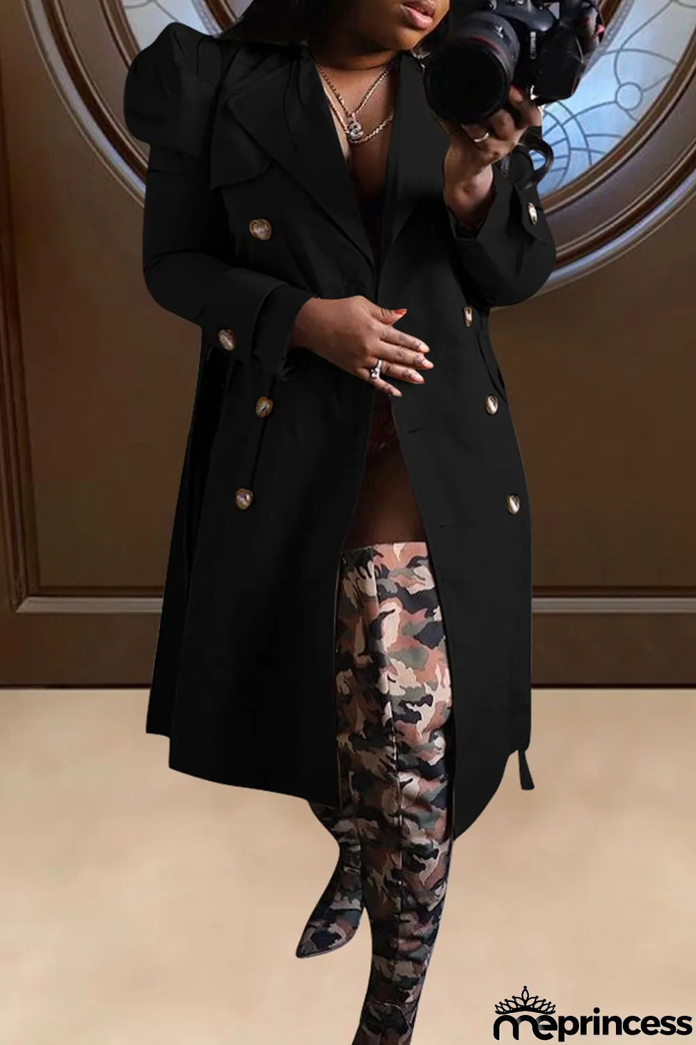 Khaki Casual Solid With Belt Turndown Collar Outerwear