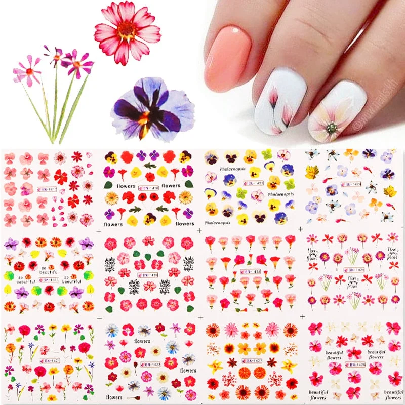 Harunouta 12pcs Simple Green Theme Water Decal Sticker Flower Leaf Tree Spring DIY Slider For Manicuring Nail Art Watermarks