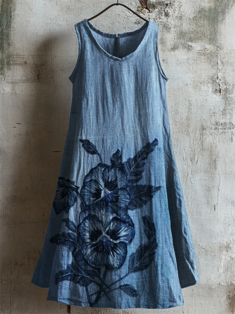 Utbros Pansy Flowers Denim Fiber Art Tank Dress