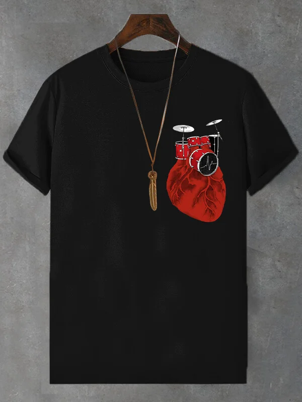 100% Cotton Men's Drum Heart Print  Casual T-Shirt