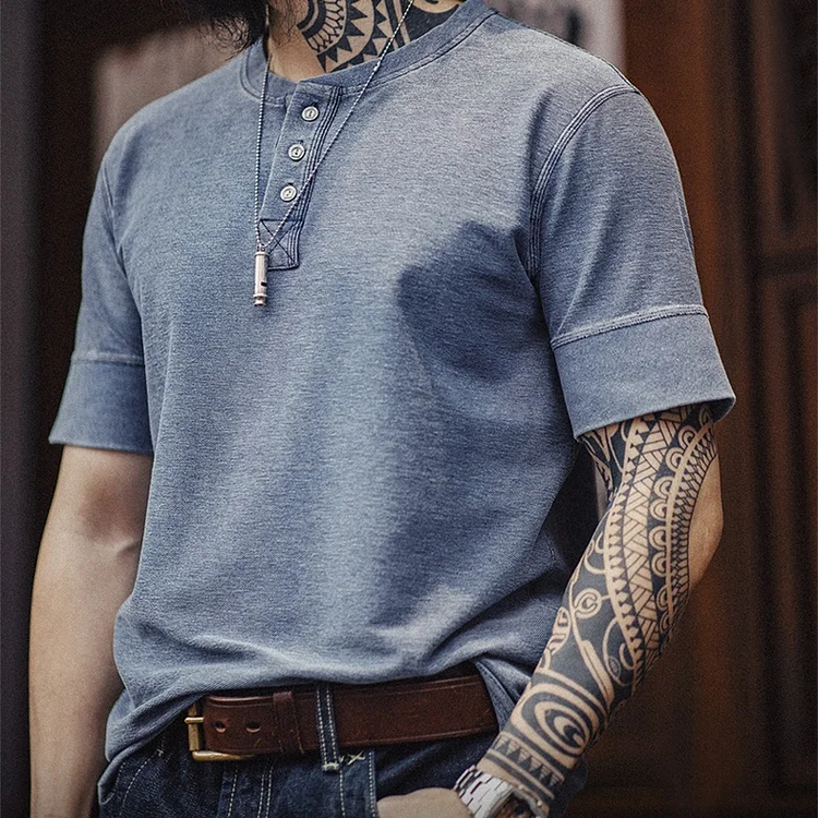 Vintage Knitted Denim Henley Collar Short-Sleeved T-Shirt