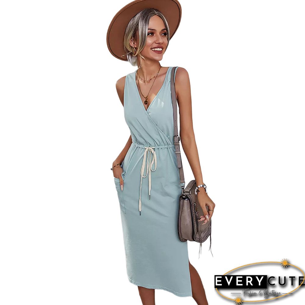 Light Green V Neck Knit Pocketed Casual Dress