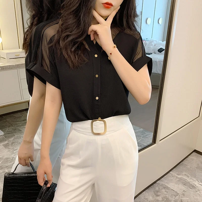 2021 Summer Women Shirts Pullover Chiffon Short-Sleeved  Women Tops  Solid Color Mesh V-neck  Women Clothing camisas mujer new