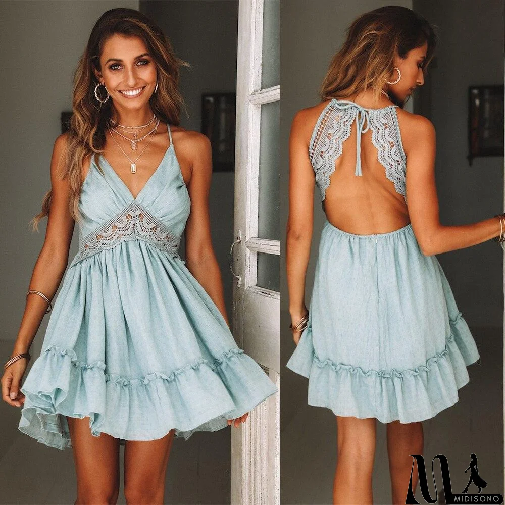 MidiSono - Boho Vrouwen Jurken Spaghetti Strap Backless Elegante Beach Zonnejurk