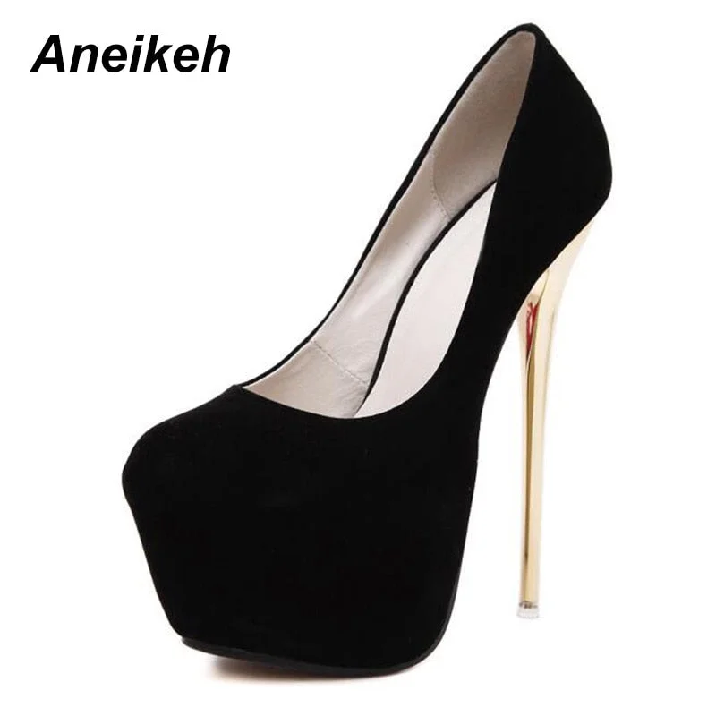 Aneikeh Sexy Pumps Wedding Women Fetish Shoes Concise Woman Pumps Latform Very High Heel Stripper Flock Pumps 16 cm Size 44 45