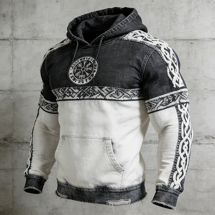 Vintage Viking Vegvisir Celtic Knot Color Block Design Denim Art Hoodie