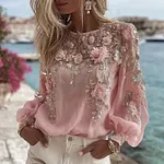 Women's Pink Flower Embroidery Art Round Neck Long Sleeve T-shirt - Image 2