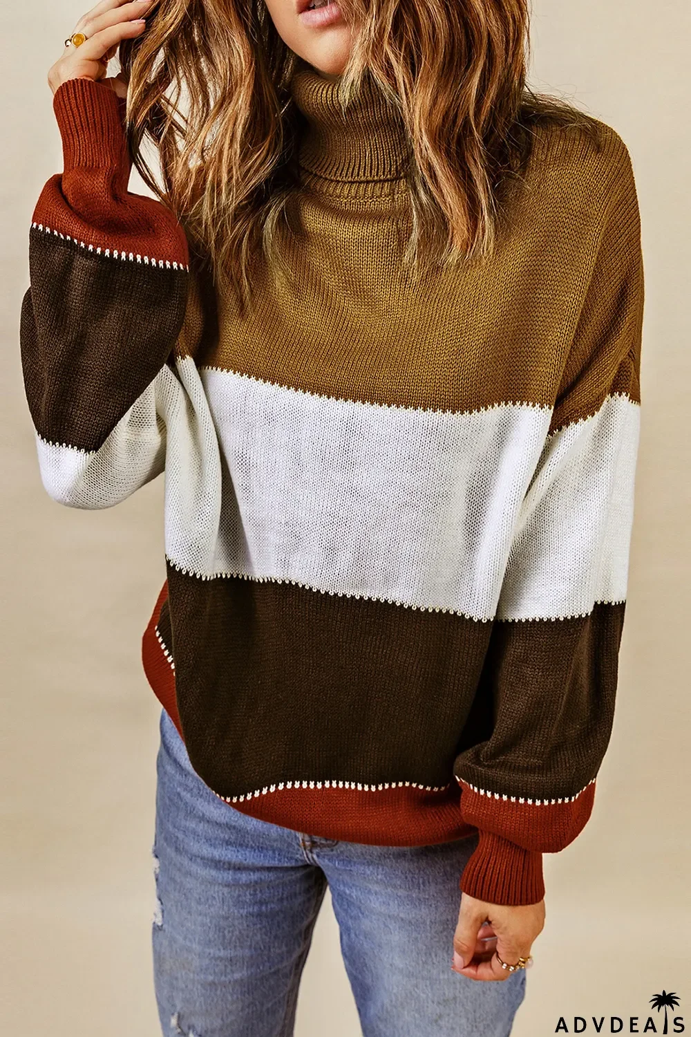 Orange Accent Color Block Turtleneck Chunky Knit Sweater