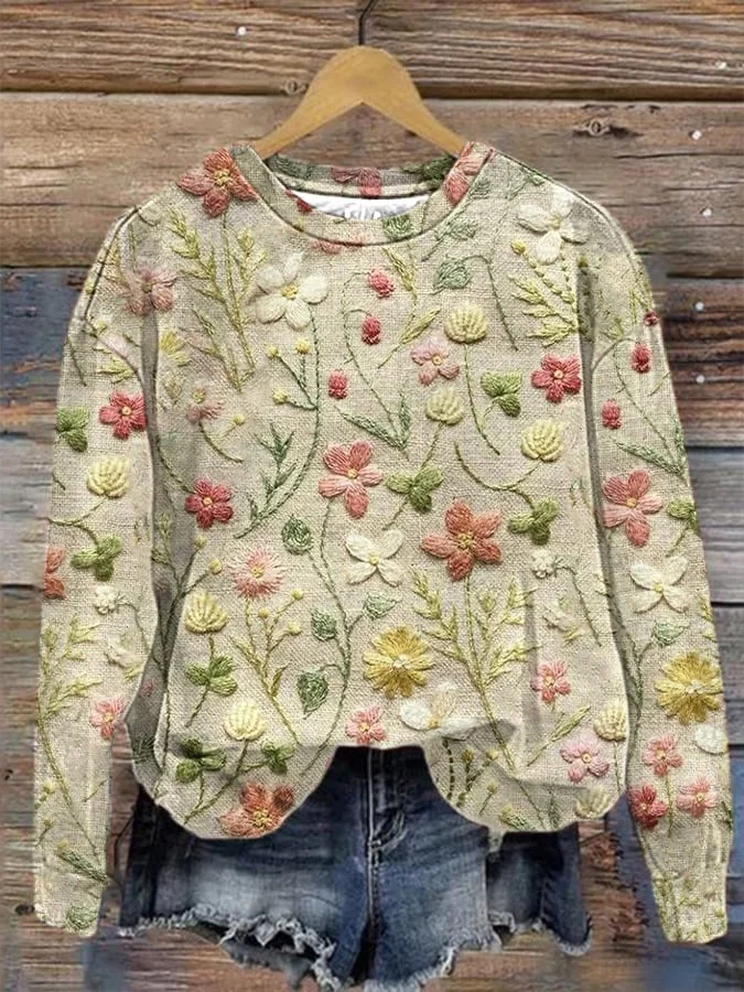 Women's Floral Embroidery Pattern Art Print Sweatshirt