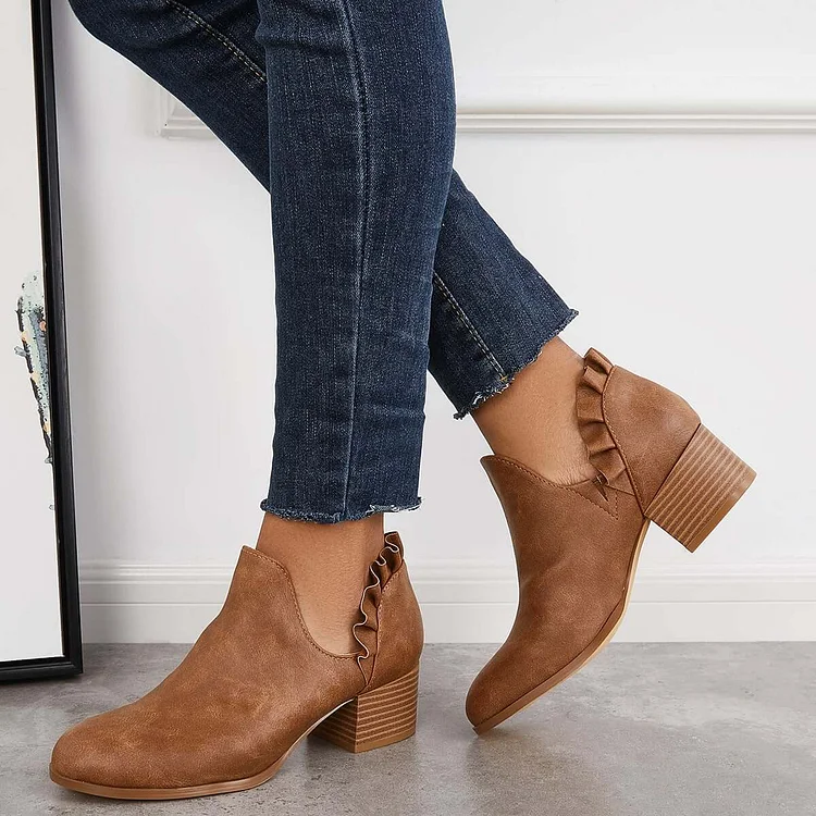 V-Cut Ruffle Ankle Boots Slip on Chunky Stacked Heel Booties
