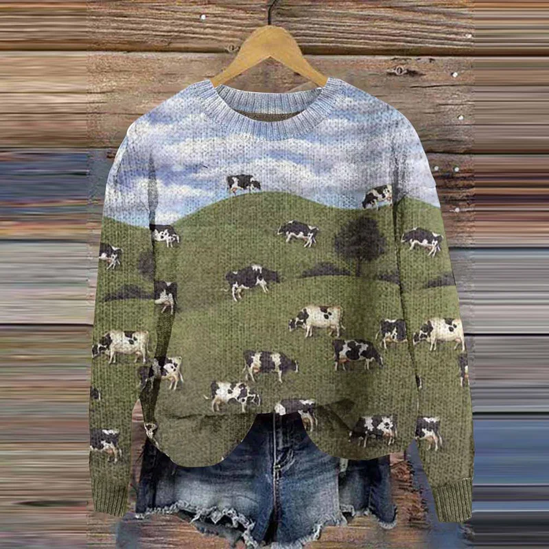 Lovely Milk Cow And Floral Embroidery Cozy Knit Sweater